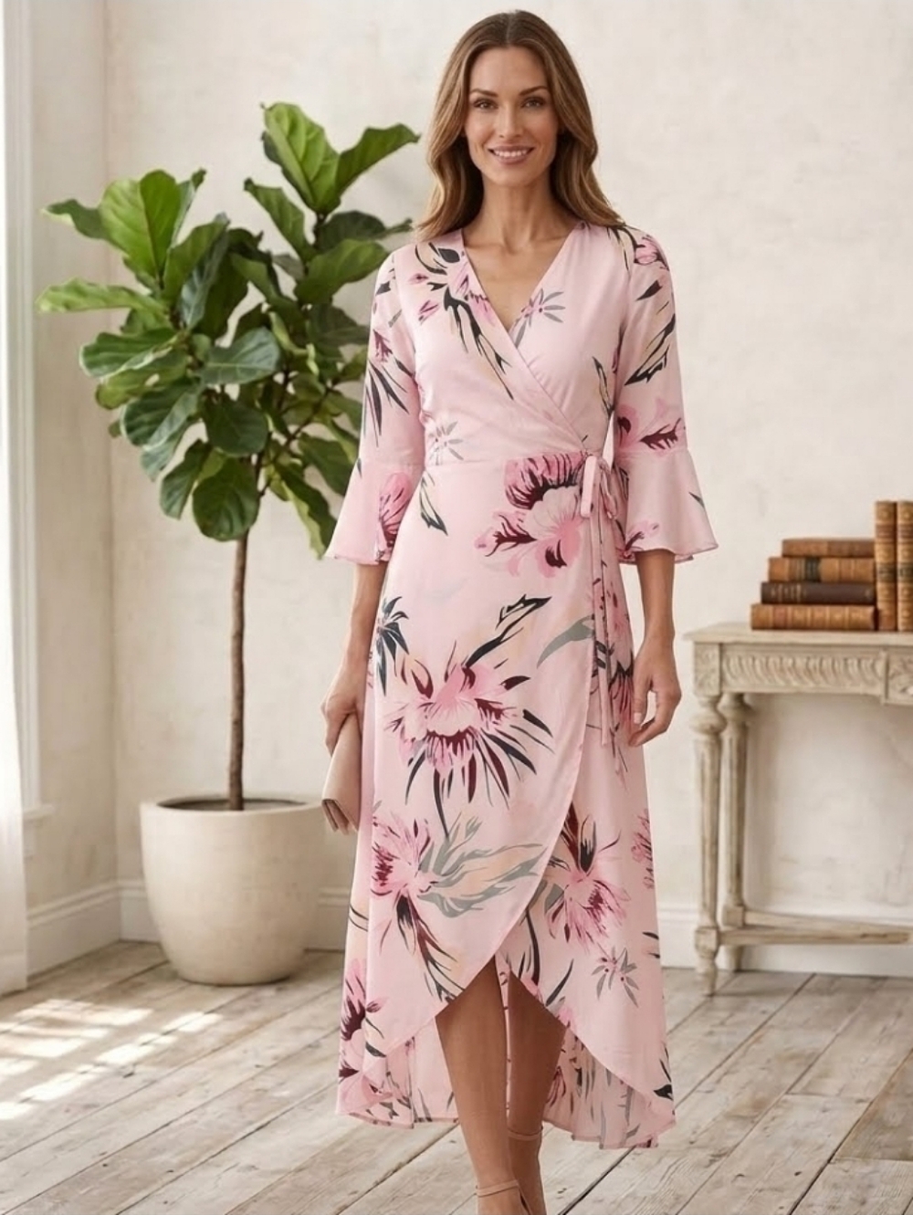 Women's High Low Maxi Long Flowy Floral Mid Sleeve V Neck Floral Wrap Dress